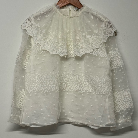 NWT Zara High Collar White Long Sleeve Sheer Ruffle Blouse Small - Picture 3 of 8